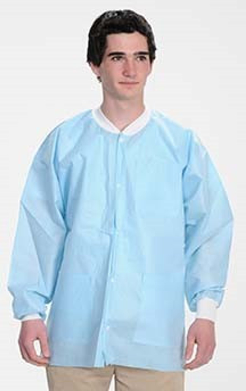 ValuMax Extra-Safe Autoclavable Lab Jacket, Sky Blue M, Hip-Length, Breathable, 3 Pockets, Knitted Cuff, 10/pk