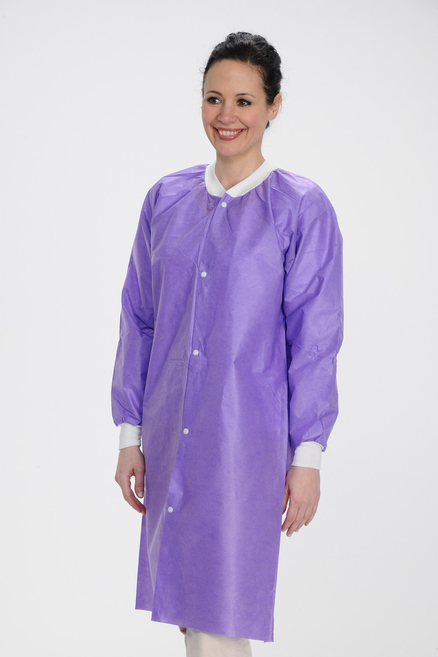ValuMax Extra-Safe Autoclavable Lab Coat, Purple M, Knee-Length, Breathable, 3 Pockets, Knitted Cuff, 10/pk