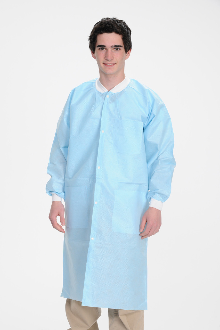 ValuMax Extra-Safe Autoclavable Lab Coat, Sky Blue L, Knee-Length, Breathable, 3 Pockets, Knitted Cuff, 10/pk