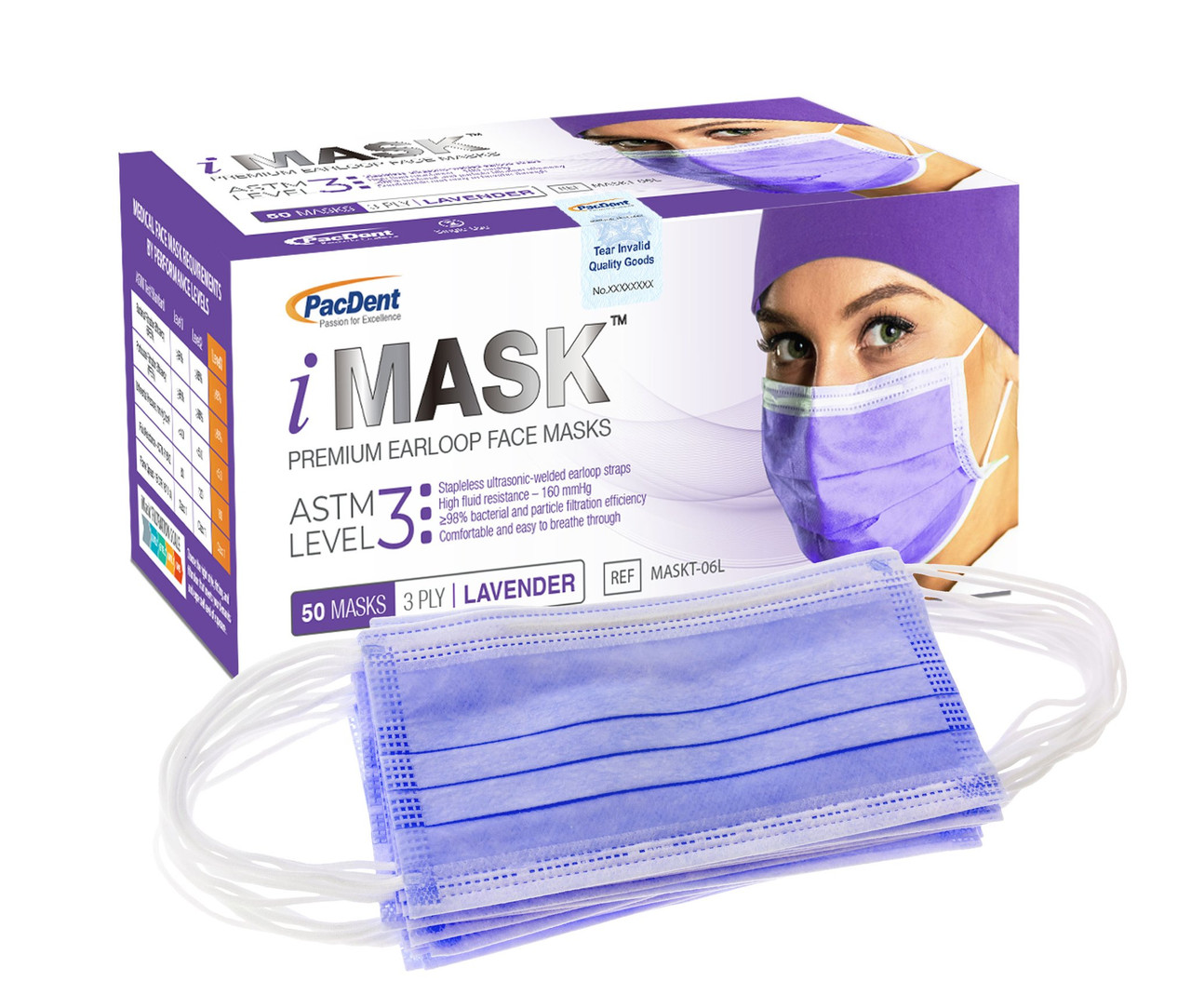 Pac-Dent iMask Premium Ear-loop Face Masks ASTM Level 3, Lavender, 50/bx