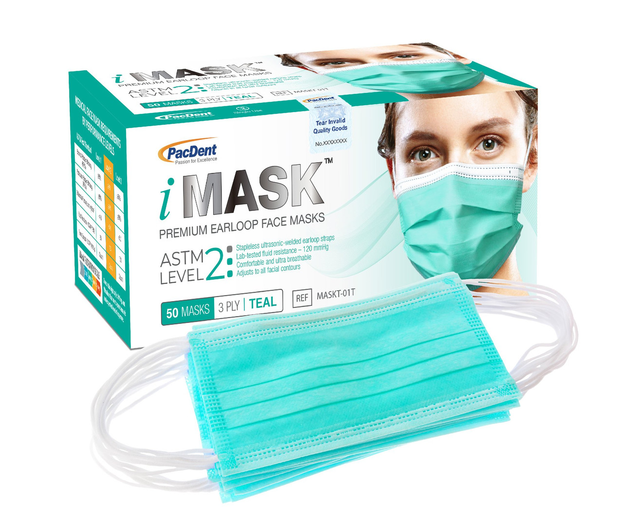 Pac-Dent iMask Premium Ear-loop Face Masks ASTM Level 2, Teal, 50/bx