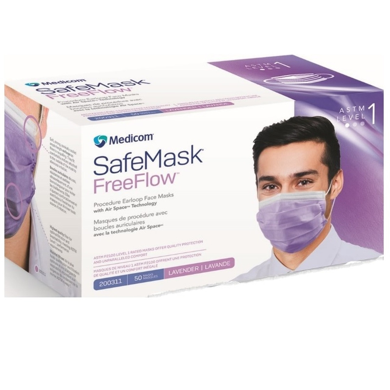 Medicom SafeMask FreeFlow Earloop Mask, Level 1 Lavender, 50/bx 200311