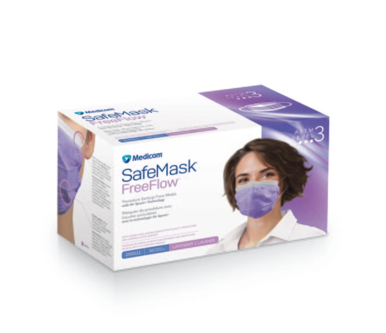 Medicom SafeMask FreeFlow Earloop Mask, Level 3 Lavender, 50/bx 200511