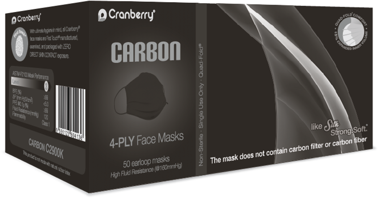 Cranberry CARBON Level 3, 4-Ply Fluid Resistance Face Mask, Black, 50/bx