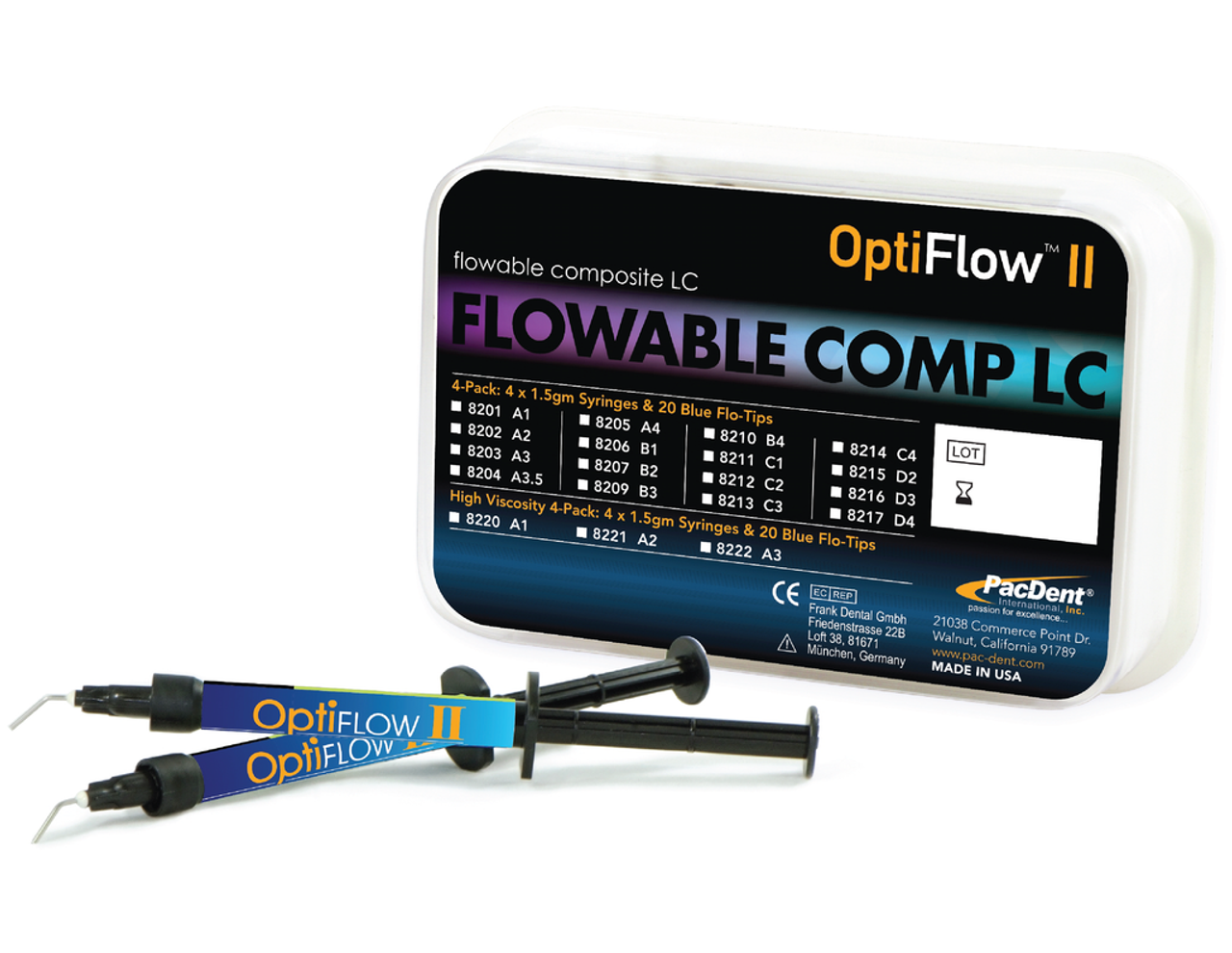 Pac-Dent OptiFlow II Flowable Composite 4-Pk , 4 x 1.5gm Syringes with 20 Flo-Tips, A3.5