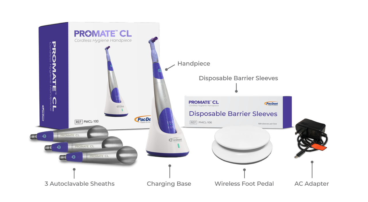 Pac-Dent ProMate CL Hygiene Prophy Handpiece 1 x Cordless Hygiene Handpiece with 3 x Sheaths, Foot Pedal, Charger, 100 x Barrier Sleeves