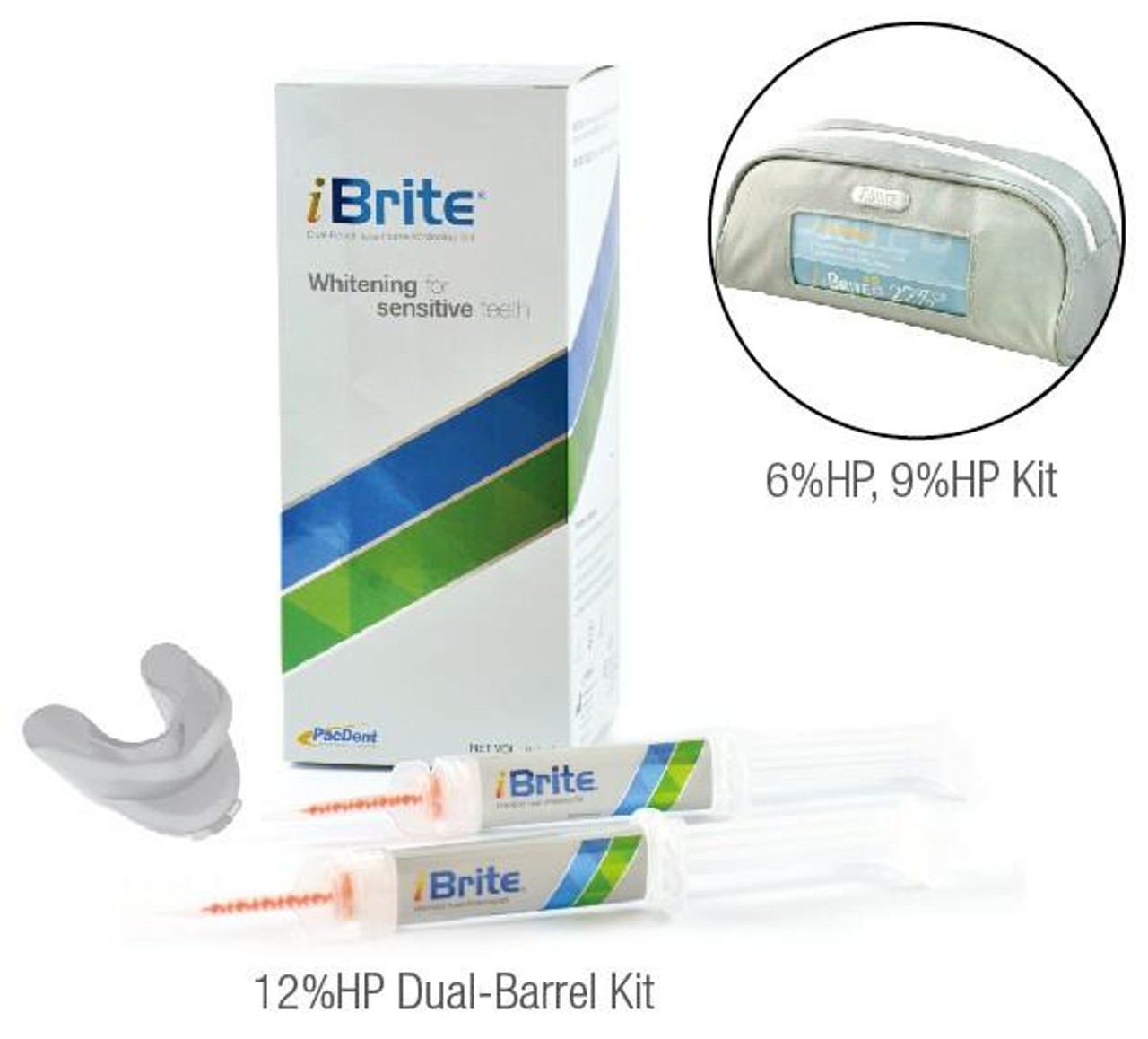 Pac-Dent iBrite Gel-Type Take-Home Whitening 9% H2O2 Kit, 6 x 1.2 ml Syringes, 1 x iBrite Tray w/silicone bite impression, 6 x dispensing tips