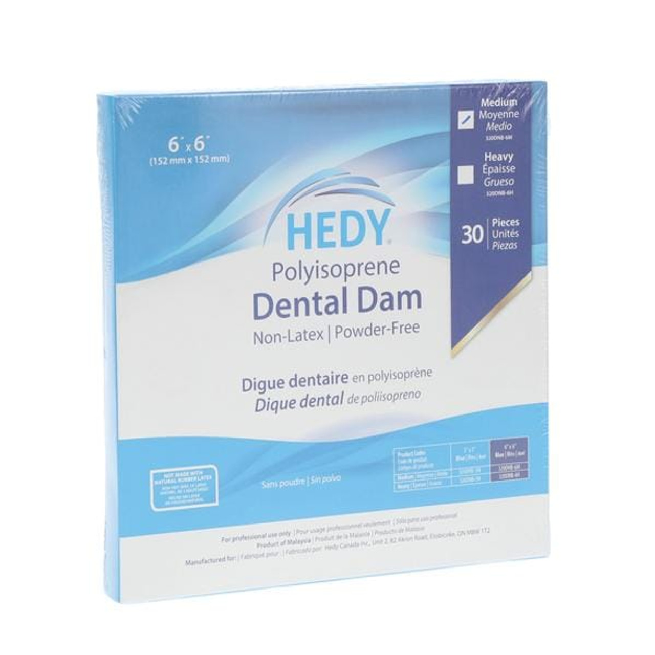 Medicom Hedy Dental Dams Polyisoprene, 5"x5", Medium Gauge, Blue, Latex-Free, Powder-Free 30/bx