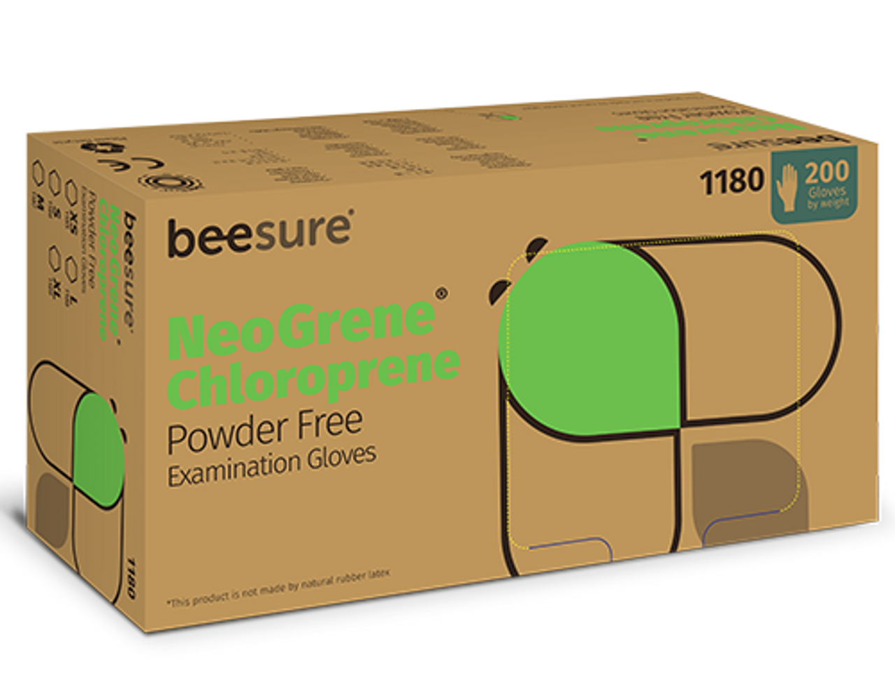 BeeSure NeoGrene Chloroprene PF Green Exam Gloves, Small 200/bx
