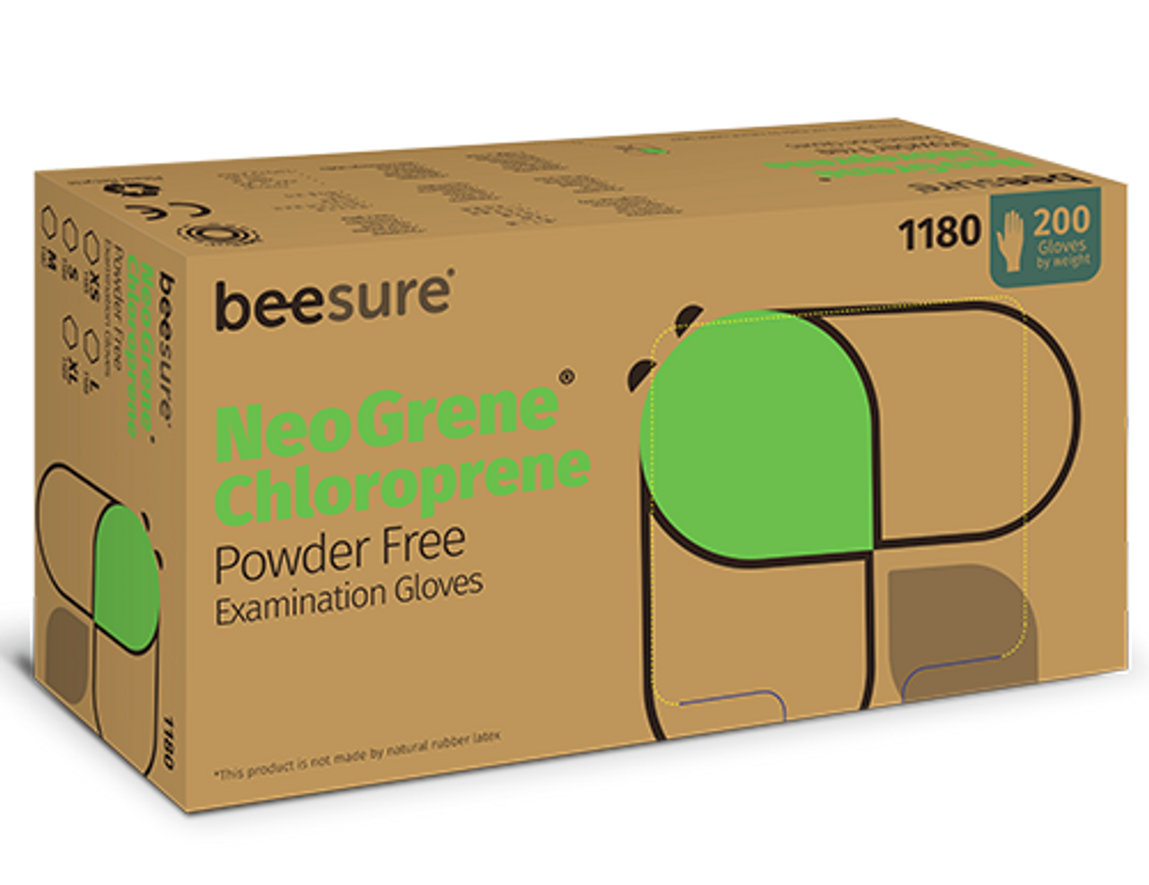 BeeSure NeoGrene Chloroprene PF Green Exam Gloves, Medium 200/bx