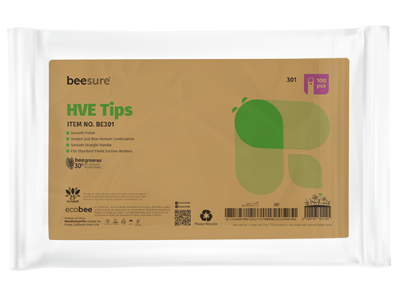 BeeSure High Volume Evacuators HVE Tips, Green, 100/bx