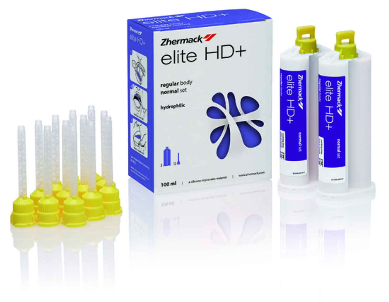 Zhermack Elite HD+ VPS Impression Material, Regular Body, Reg Set, 2 x 50ml Cartridges & 12 Yellow Mixing Tips