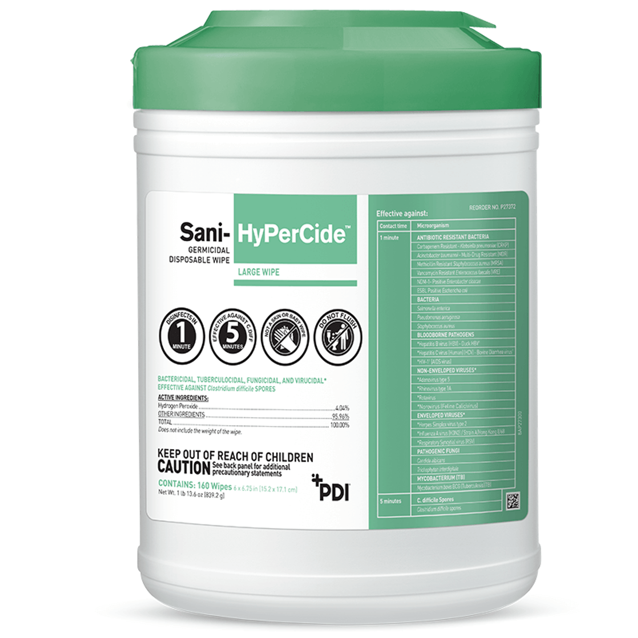 PDI Sani-Hypercide Wipe, X-Large Canister, 7.5" x 15", Disposable, 160 sheet/can, 6 can/cs