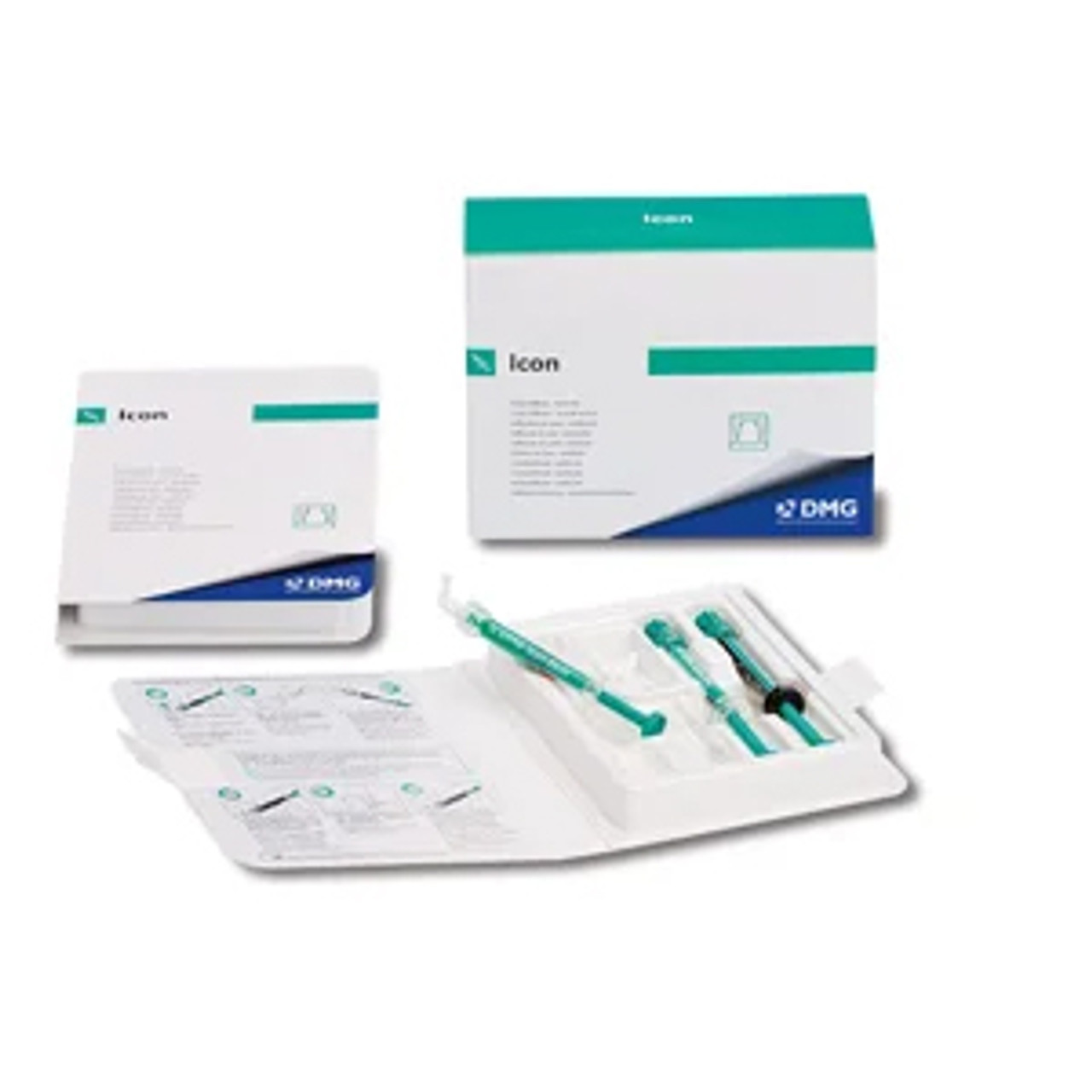 DMG Icon Smooth Surface Mini Kit. Patient Pack Includes: (1) 0.45mL Syringe Icon Etch, (1) 0.45mL Syringe Icon Dry, (1) 0.45mL Syringe Icon Infiltrant, (6) Smooth Surface Tips, (1) Luer-Lock Tip. 2 Patient Packs/kit