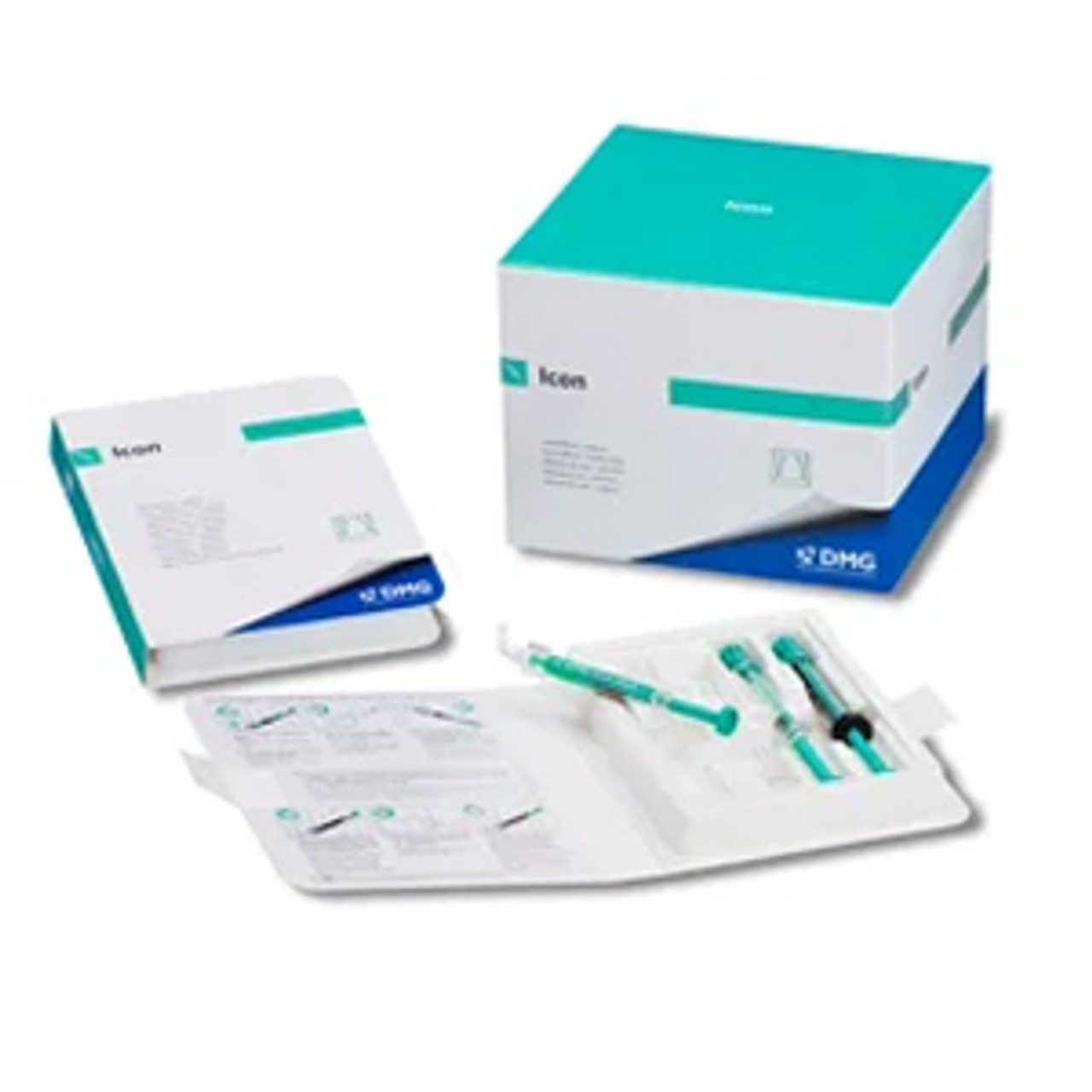 DMG Icon Smooth Surface Cube. Patient Pack Includes: (1) 0.45mL Syringe Icon Etch, (1) 0.45mL Syringe Icon Dry, (1) 0.45mL Syringe Icon Infiltrant, (6) Smooth Surface Tips, (1) Luer-Lock Tip. 7 Patient Packs/bx