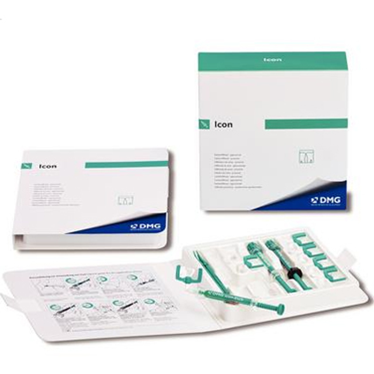DMG Icon Proximal Mini Kit. Patient Pack Includes: (1) 0.30mL Syringe Icon Etch, (1) 0.45mL Syringe Icon Dry, (1) 0.45mL Syringe Icon Infiltrant, (6) Proximal Tips, (1) Luer-Lock Tip, (4) Dental Wedges. 2 Patient Packs/kit
