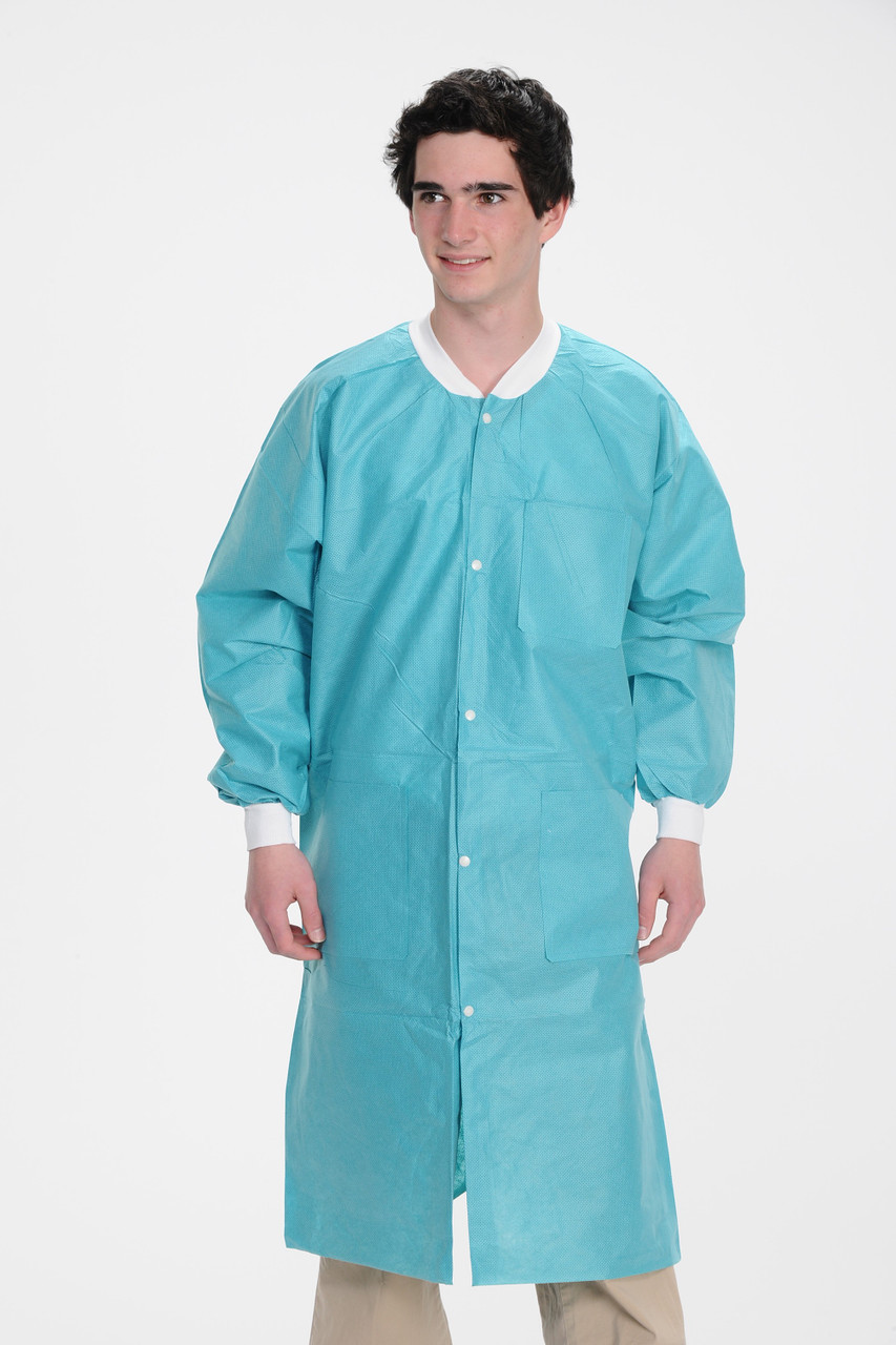 MaxCare Extra-Safe Autoclavable Lab Coat, Teal L, Knee-Length, Breathable, 3 Pockets, Knitted Cuff, 10/pk