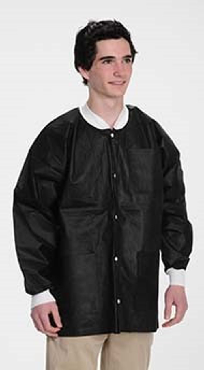 MaxCare Extra-Safe Autoclavable Lab Jacket, Black 4XL, Hip-Length, Breathable, 3 Pockets, Knitted Cuff, 10/pk