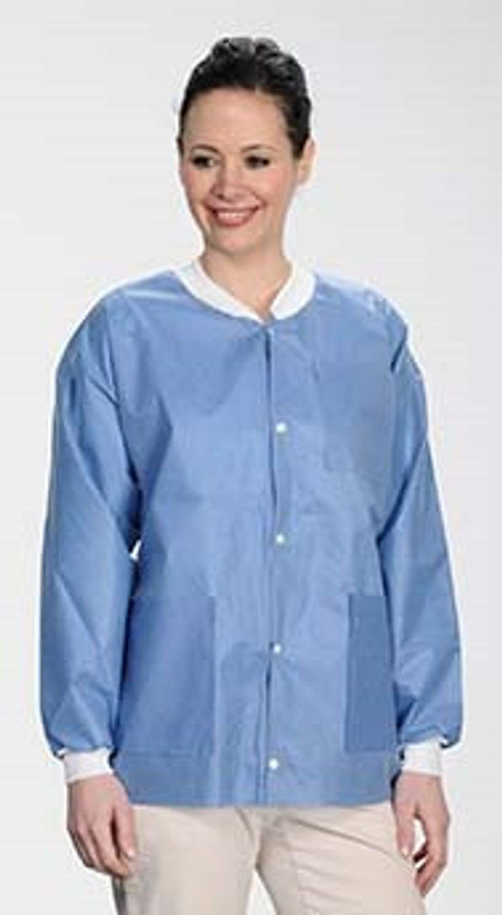 ValuMax Extra-Safe Autoclavable Lab Jacket, Ceil Blue L, Hip-Length, Breathable, 3 Pockets, Knitted Cuff, 10/pk