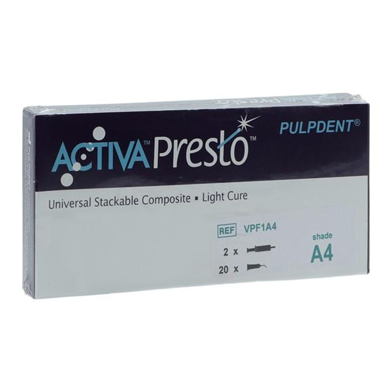 Pulpdent ACTIVA Presto Universal Composite Kit, A4 Cervical Shade, 2 x 1.2mL/2 gm syringes + 20 applicator tips