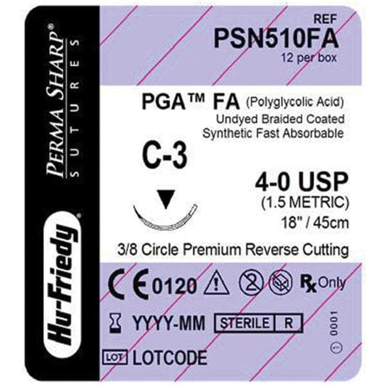 Hu-Friedy Perma Sharp Sutures, PGAFA, Size 4-0, Undyed, Absorbable, 18", C-3, 3/8 Circle Premium Reverse Cut, 12/bx
