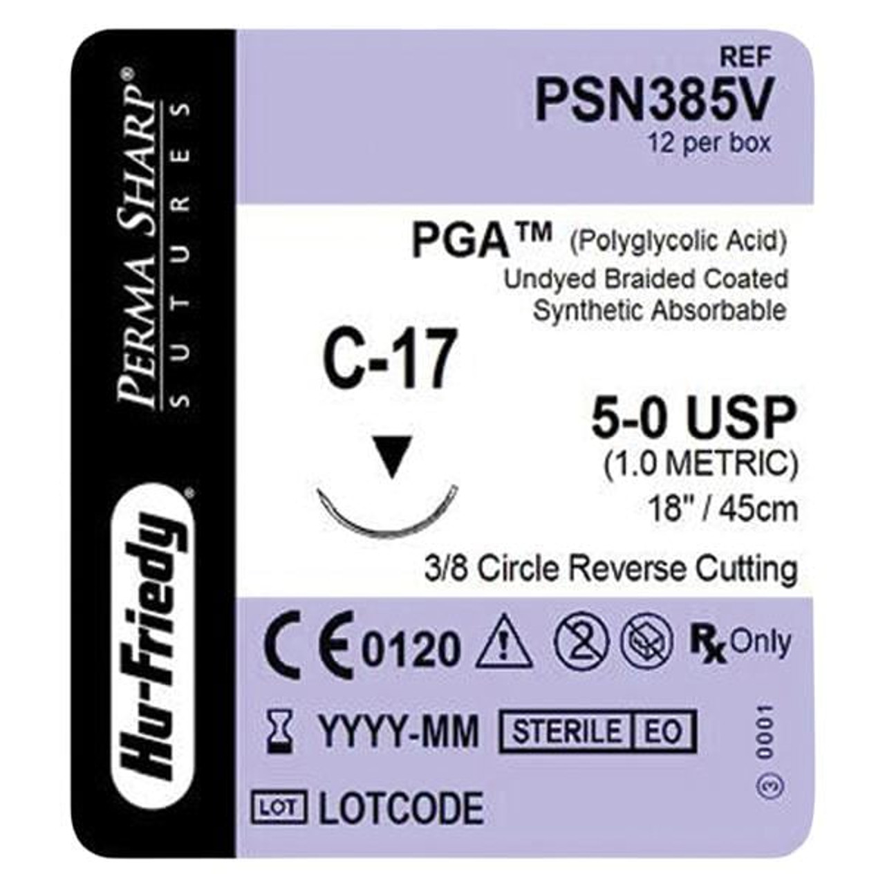 Hu-Friedy Perma Sharp Sutures, PGA, Size 5-0, Undyed, Absorbable, 18", C-17, 3/8 Circle, 12/bx