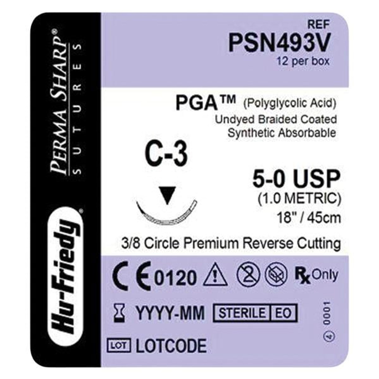 Hu-Friedy Perma Sharp Sutures, PGA, Size 5-0, Undyed, Absorbable, 18", C-3, 3/8 Circle Premium, 12/bx