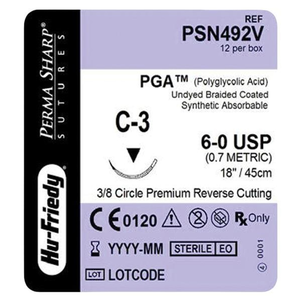 Hu-Friedy Perma Sharp Sutures, PGA, Size 6-0, Undyed, Absorbable, 18", C-3, 3/8 Circle Premium, 12/bx