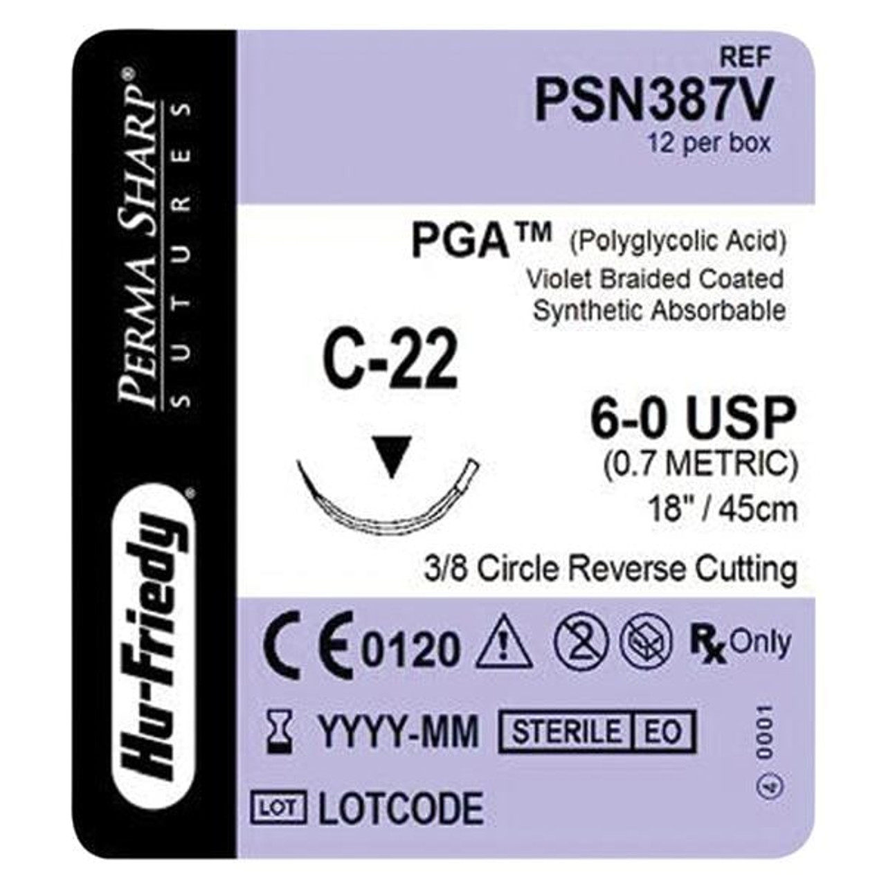 Hu-Friedy Perma Sharp Sutures, PGA, Size 6-0, Violet, Absorbable, 18", C-22, 3/8 Circle, 12/bx