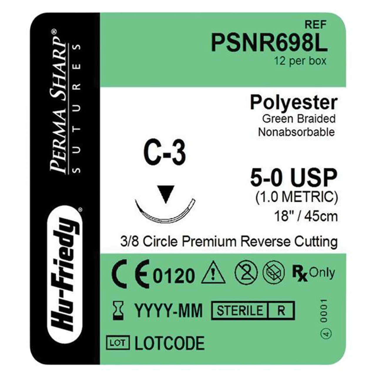 Hu-Friedy Perma Sharp Sutures, Polyester, Size 5-0, Non-Absorbable, Green, 18", C-3, 3/8 Circle, 12/bx