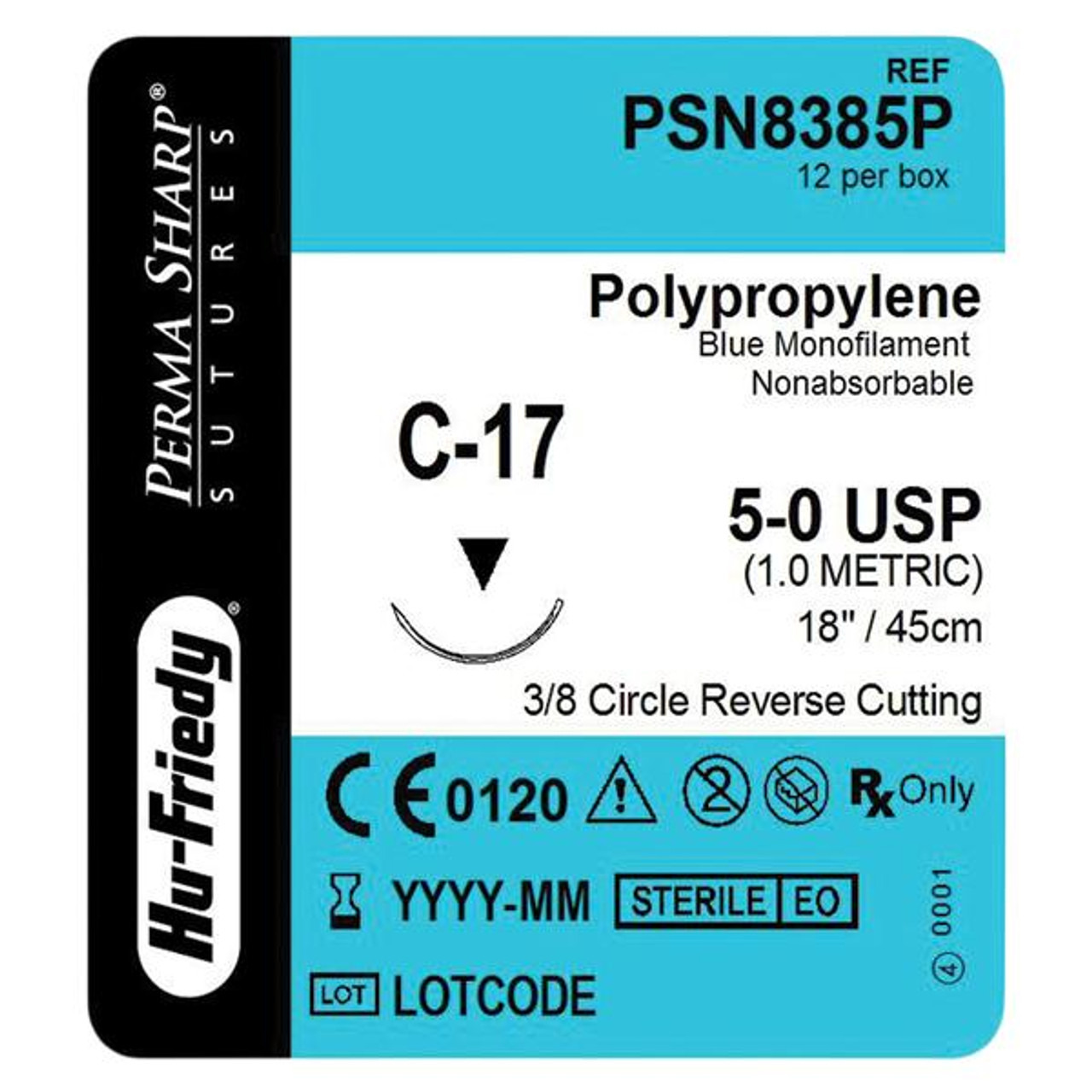Hu-Friedy Perma Sharp Sutures, Polypropylene, Size 5-0, Non-Absorbable, Blue, 18", C-17, 3/8 Circle, 12/bx