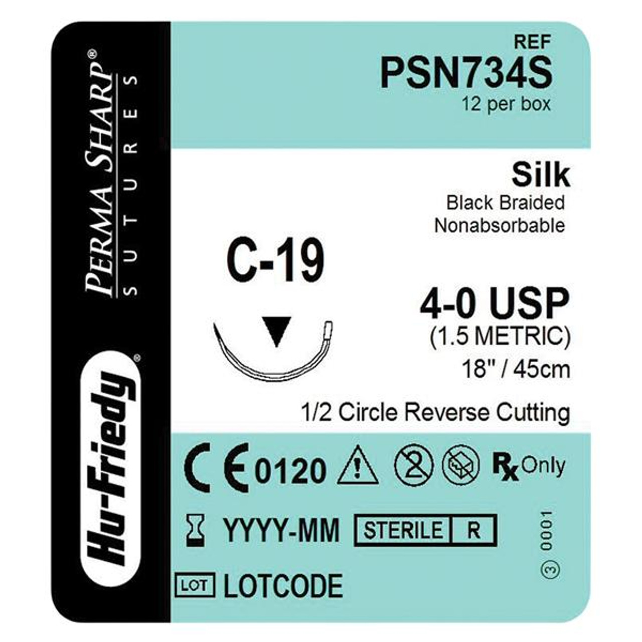 Hu-Friedy Perma Sharp Sutures, Silk, Size 4-0, Black, Non-Absorbable, 18", C-19, 1/2 Circle, 12/bx