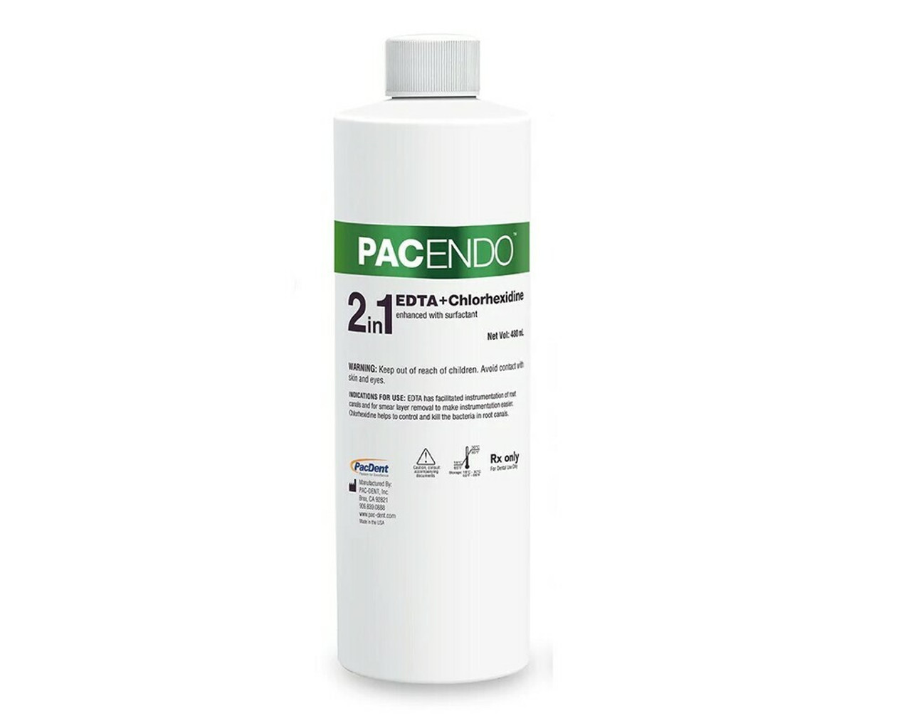Pac-Dent PacEndo 2-in-1 EDTA & Chlorhexidine Refill Bottle, 480 ml/16 oz with 1 x Luer-Lock Dispensing Cap 