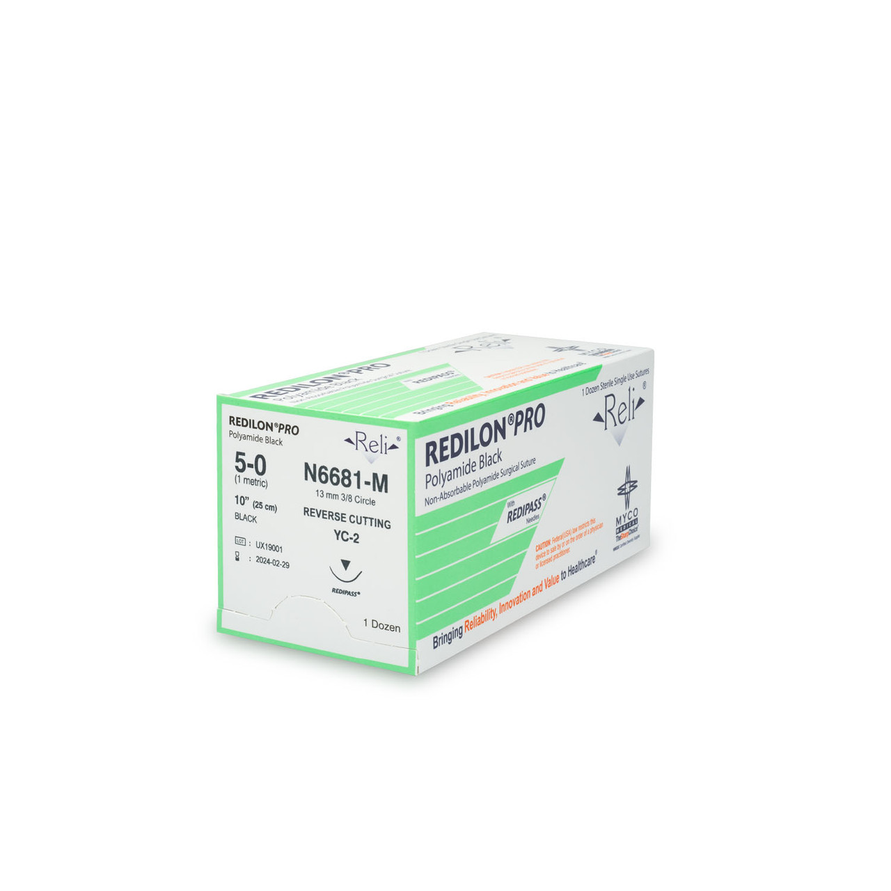 Myco Reli Pro Suture, Size 5-0, Redilon, Black, 10", Nylon Mono, 13mm Needle, 3/8 Circle, Reverse Cutting, 12/bx (N661-30L-M) Myco Reli Pro Suture, Size 5-0, Redilon, Black, 10", Nylon Mono, 13mm Needle, 3/8 Circle, Reverse Cutting, 12/bx (N661-30L-M)