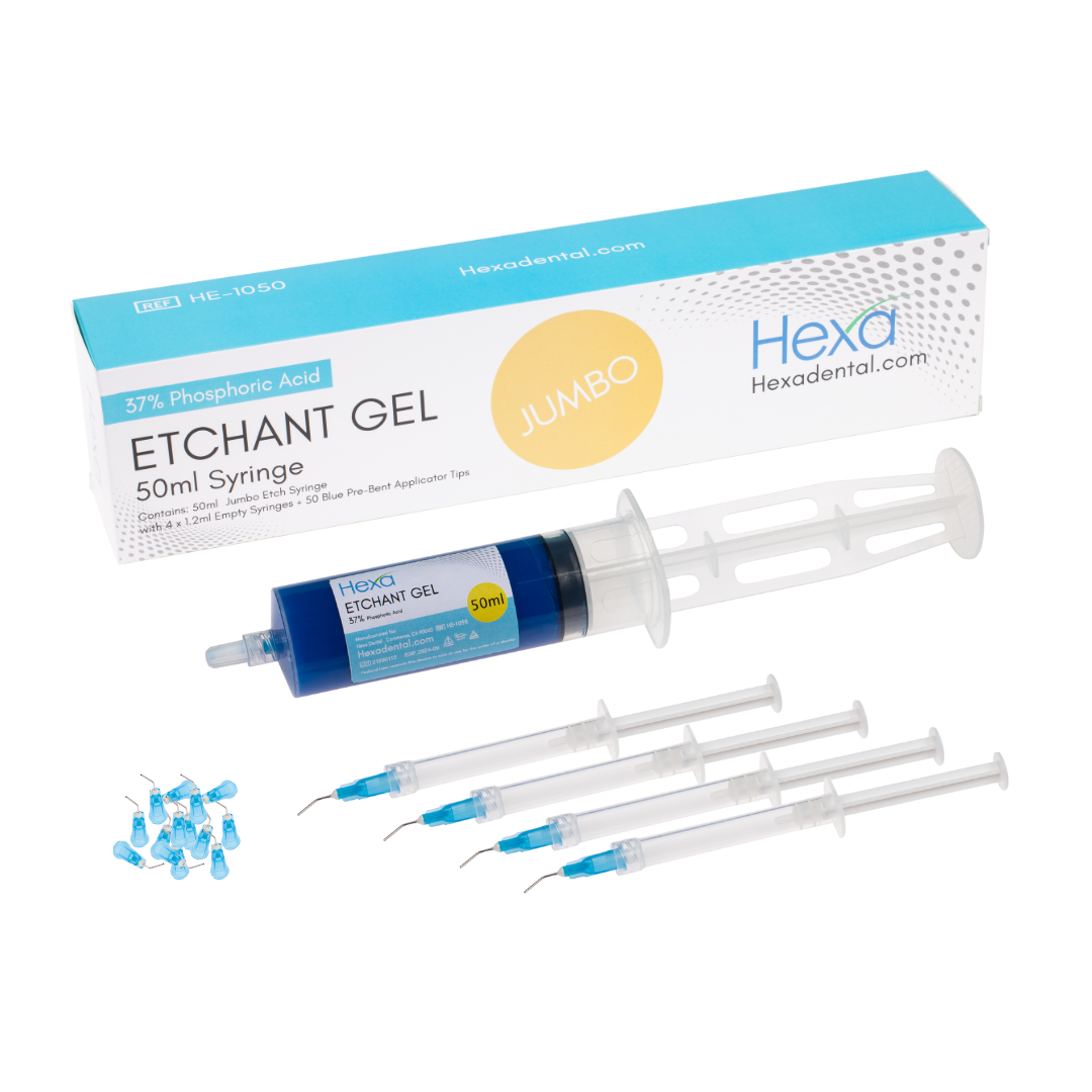 Hexa Etchant Gel, 37% Phosphoric Acid, Jumbo Etch Syringe Refill, 1 X 50ml Syringe with 4 X 1.2 Empty Syringes and 50 Blue Pre-Bent Tips