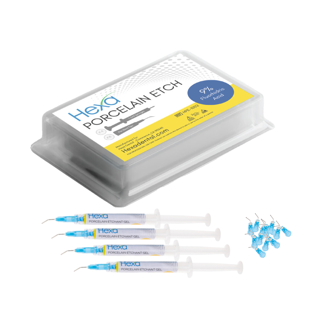 Hexa Porcelain Etch Gel, 9% Hydrofluoric Acid,  4 X 2ml Syringe &   8 Pre-Bent Tips