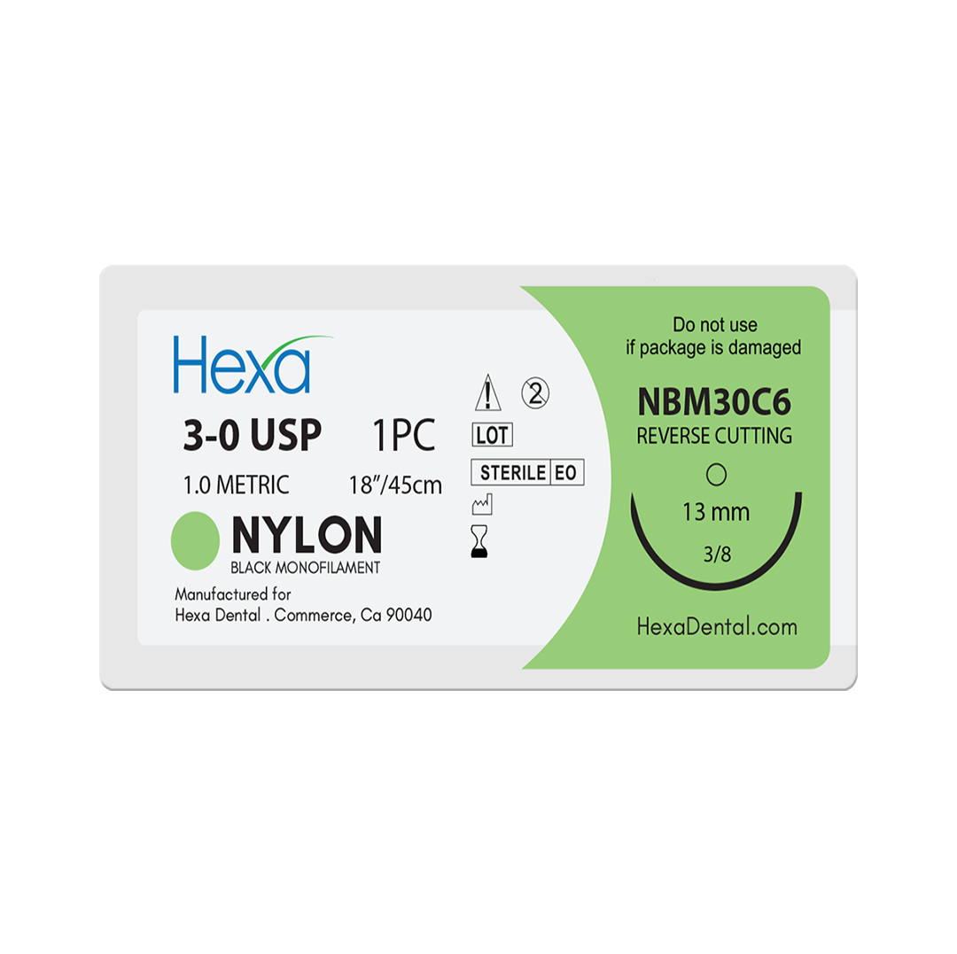 Hexa Nylon Black Monofilament Suture, C6 Reverse Cutting Needles, C6 Reverse Cutting Needles, Size 4/0, Needle 19mm, Length 18", 12/bx
