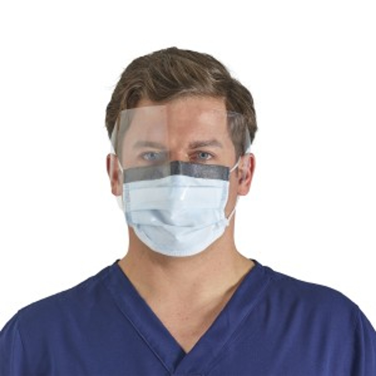 Halyard Fluidshield Fog-Free Procedure Mask with Earloops, Wraparound Visor, Blue, 25/pkg, 4 pkg/cs