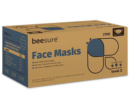 BeeSure Earloop Face Mask, Level 2, 3-Ply 4 Fold, Blue, 50/bx BE2100B