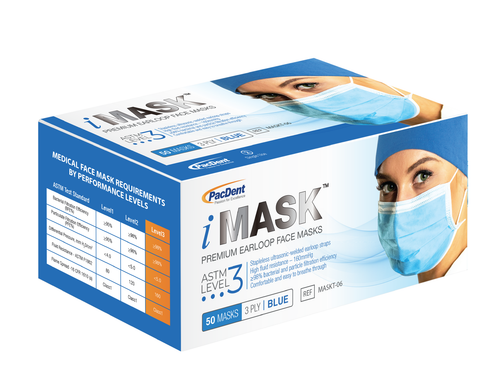 Pac-Dent iMask Premium Ear-loop Face Masks ASTM Level 3, Blue, 50/bx