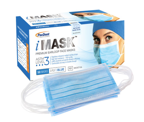 Pac-Dent iMask Premium Ear-loop Face Masks ASTM Level 3, Blue, 50/bx Pac-Dent iMask Premium Ear-loop Face Masks ASTM Level 3, Blue, 50/bx