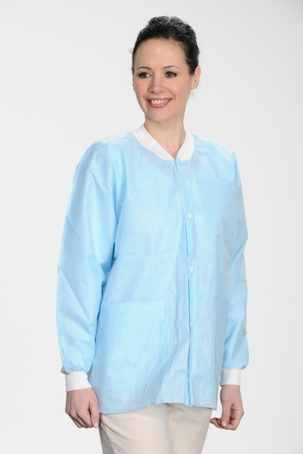 ValuMax Extra-Safe Autoclavable Lab Jacket, Sky Blue S, Hip-Length, Breathable, 3 Pockets, Knitted Cuff, 10/pk