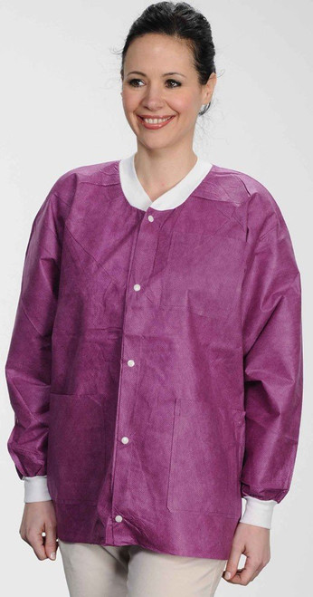 ValuMax Extra-Safe Autoclavable Lab Jacket, Cranberry L, Hip-Length, Breathable, 3 Pockets, Knitted Cuff, 10/pk