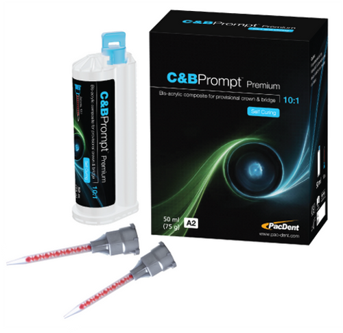 Pac-Dent C&B 10:1 Prompt Temporary C&B Material 10:1, 50 ml (75 gm), Shade: A3, 10 mixing tips Pac-Dent C&B 10:1 Prompt Temporary C&B Material 10:1, 50 ml (75 gm), Shade: A3, 10 mixing tips
