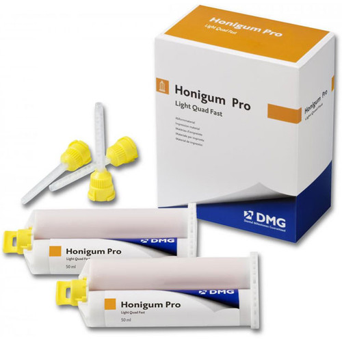 DMG Honigum Pro Automix Light Body Quad Fast, Includes: (2) 50mL Cartridges, (10) Automix and Intra-Oral Tips/pk DMG Honigum Pro Automix Light Body Quad Fast, Includes: (2) 50mL Cartridges, (10) Automix and Intra-Oral Tips/pk