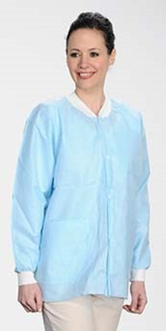 MaxCare Extra-Safe Autoclavable Lab Jacket, Sky Blue L, Hip-Length, Breathable, 3 Pockets, Knitted Cuff, 10/pk