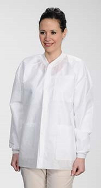 MaxCare Extra-Safe Autoclavable Lab Jacket, White L, Hip-Length, Breathable, 3 Pockets, Knitted Cuff, 10/pk