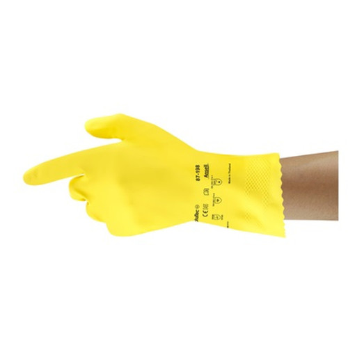 Ansell Alphatec Latex Safety GloveSafety Glove, Natural Rubber Latex, Light-Duty, FDA, 100% Cotton Flock Lining, Sweat absorbtion, Enhanced Liquid Repellence, Yellow, Size 10, 144 pr/cs