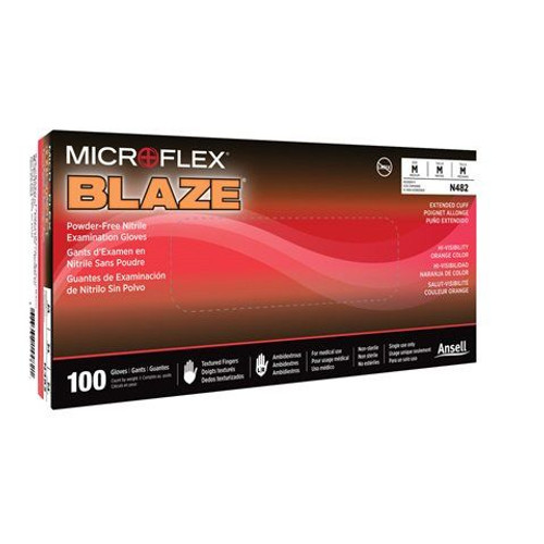 Ansell Microflex Blaze Powder Free Exam Gloves PF, Orange, Extended Cuff, Medium,100/bx; 10bx/cs