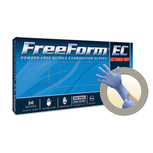 Ansell Microflex Freeform Ec Powder-Free Extended Cuff Nitrile Exam Gloves, PF, Latex-Free, Textured Fingers, Blue, Large, 50/bx, 10 bx/cs